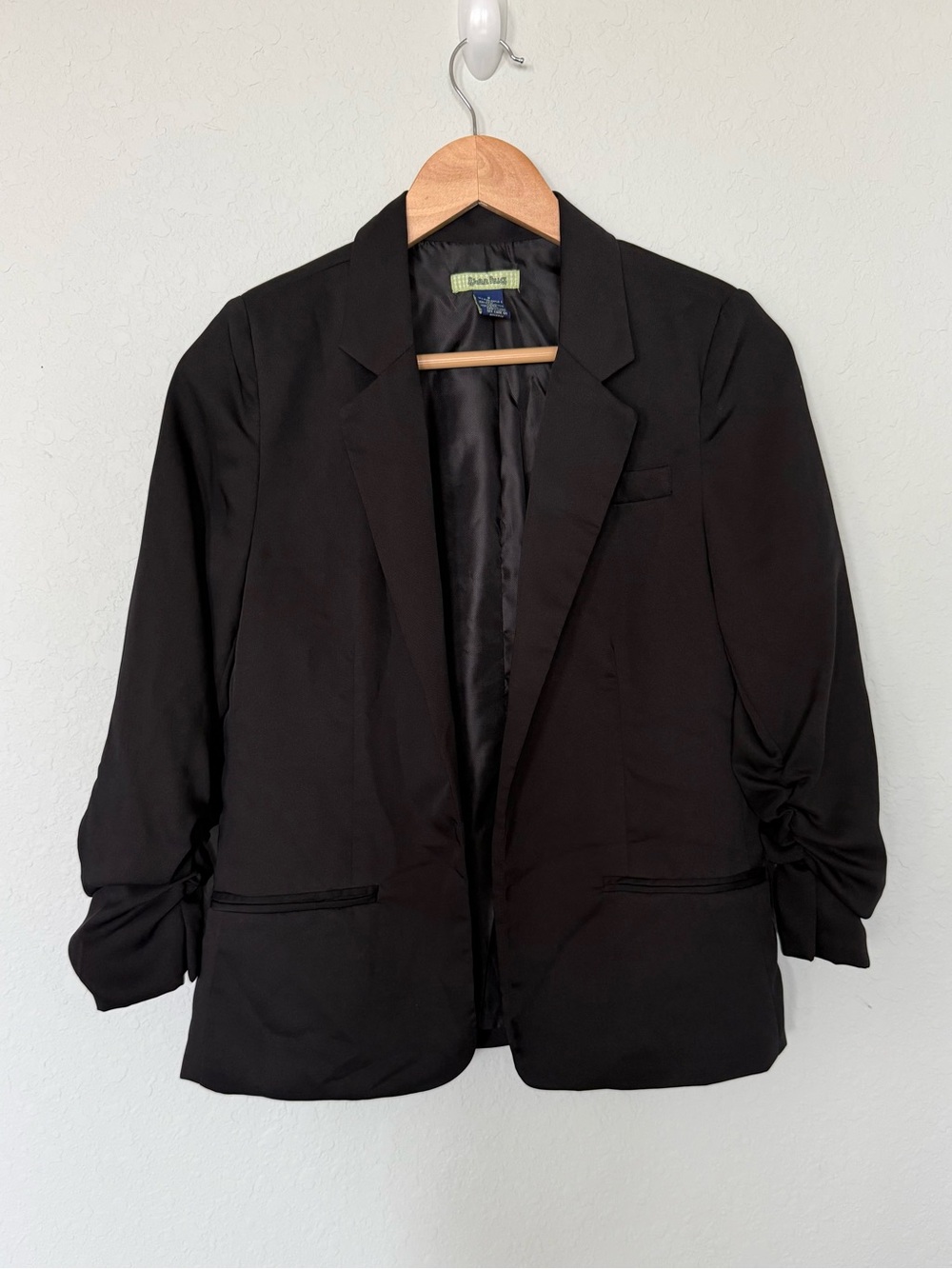 Free Hug Black Open-Front Blazer with Ruched Sleeves
